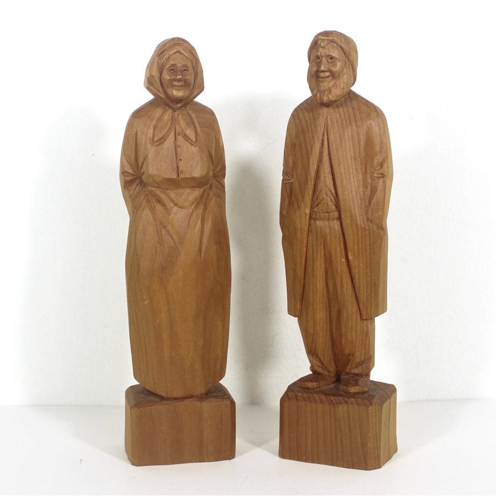 Vintage Signed Elston Hand Carved Wood Man and Woman, French Canadian Folk Art